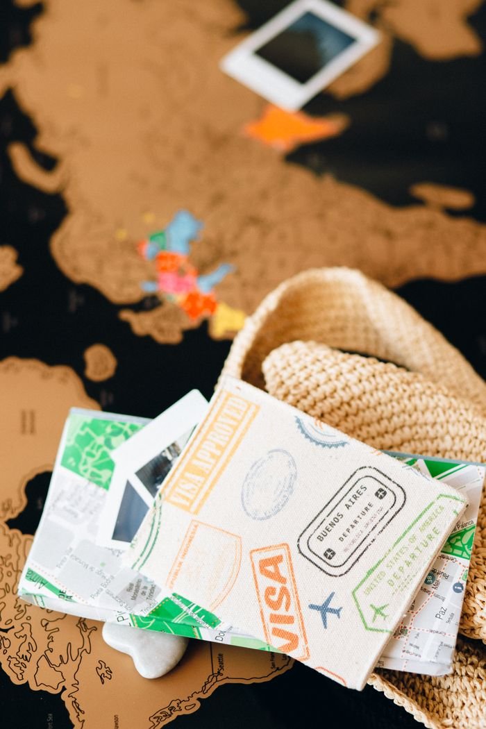 Offerings Travel essentials and accessories laid over a world map, highlighting wanderlust and adventure.